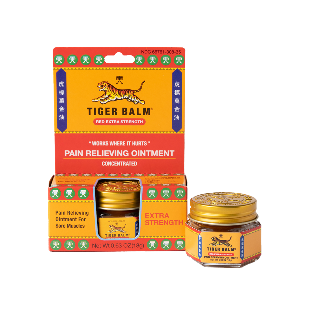 Tiger balm Red extra strength ointment with packaging and bottle