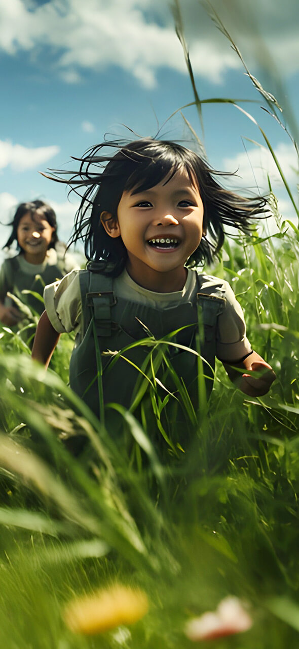 2 Girls running in the fields and are happy